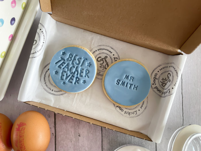 Thank You Best Teacher Blue Personalised Duo Letterbox Cookies