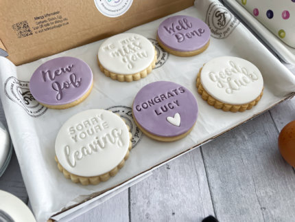 Sorry You're Leaving Purple Personalised Letterbox Cookies